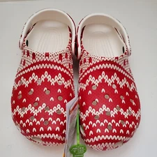 Crocs Classic Red White Holiday Christmas Sweater Clogs Mens Size 7 - Womens 9