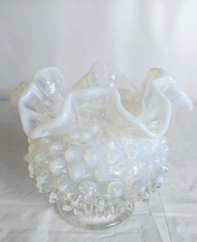 Vintage Fenton Moonstone Opalescent Hobnail Glass Bowl=4" - Ruffle Edge