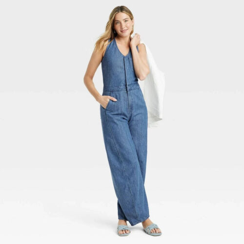 Women's Curved Leg Denim Jumpsuit - Universal Thread™ Medium Wash 8