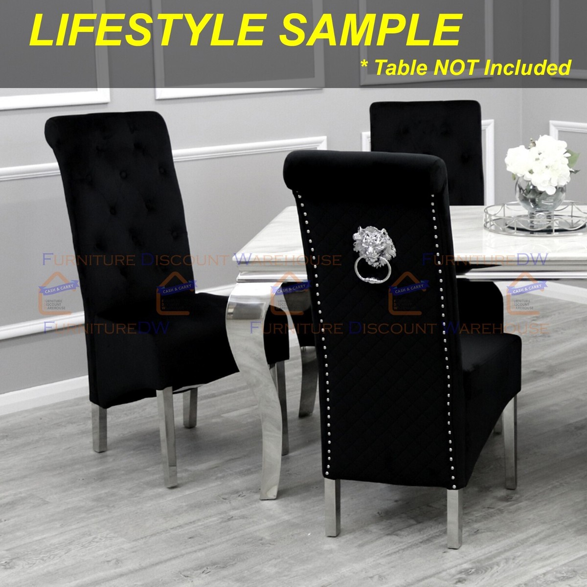 Chrome Legs Black And Chrome Dining Room Chairs 4x FurnitureDW Emma Black  Soft Velvet Dining Room Chair Chrome Legs Lion Knocker, image size:1200x1200