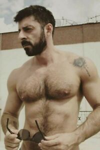 Shirtless Male Muscular Hunk Beard Hairy Chest Beefcake 
