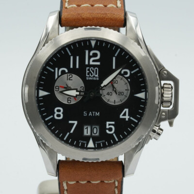 ESQ SWISS CHRONOGRAPH HERREN UHR  44MM STAHL SCHWARZ SCHÖNER ZUSTAND N039