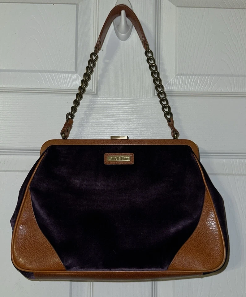 VINTAGE ISABELLA FIORE  Leather, Brass & Velvet SHOULDER HANDBAG EUC RARE - Image 3 of 4
