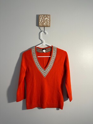 J Crew V Neck Fair Isle Jumper Orange Fair Isle V-Neck Lamb's Wool