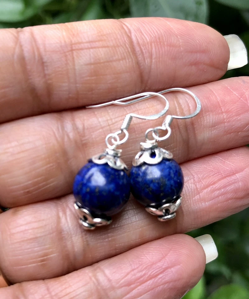 Orecchini in argento sterling 925 + perline rnd 10 mm originali lapislazzuli ... - Immagine 2 di 3