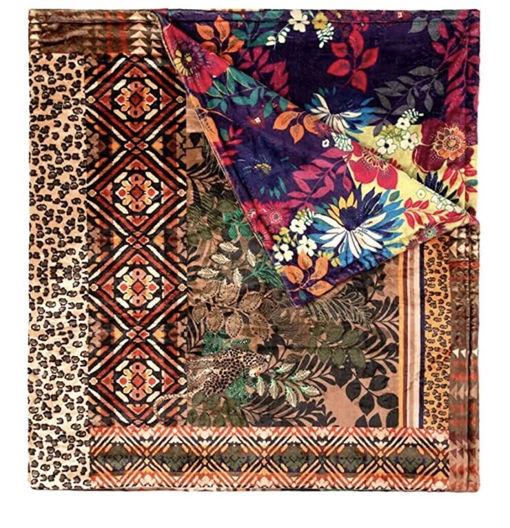 💕Johnny Was " FRIA" Blanket Cozy Reversible Colorful Throw W/ Carry Bag