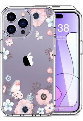for iPhone 15 Pro Max Case w/ Screen Protector Crystal Acrylic Clear 6.7 Floral