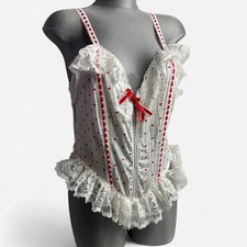 Vintage Alana Gale White red heart print teddy lace trim Sz Large