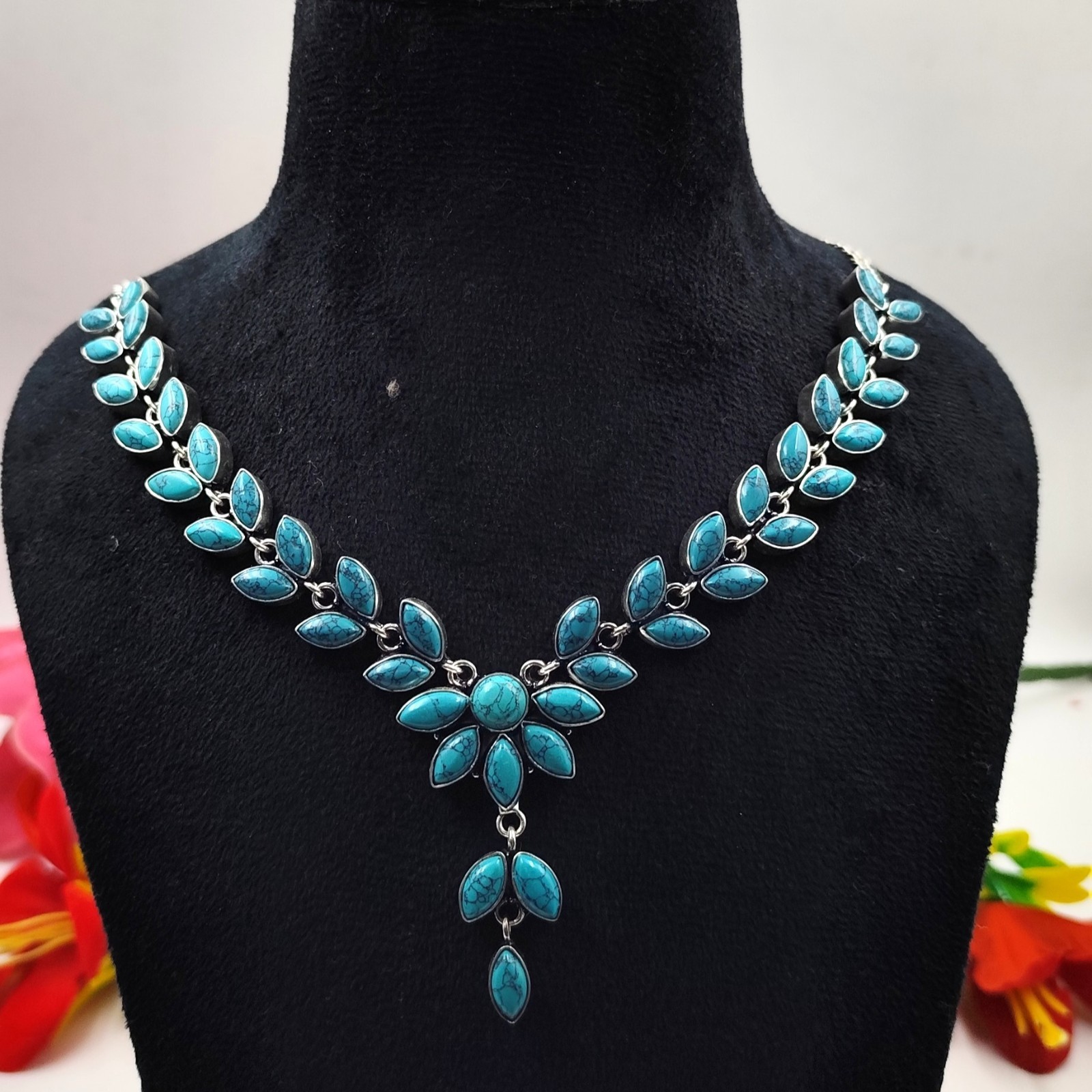 Blue Turquoise Gemstone Handmade 925 Sterling Silver Jewelry Necklace Sz-17-18