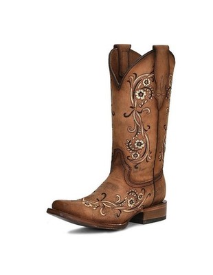 CIRCLE G Sand Brown Square Toe Women's Leather Boots Embroidery L2063, 7.5M