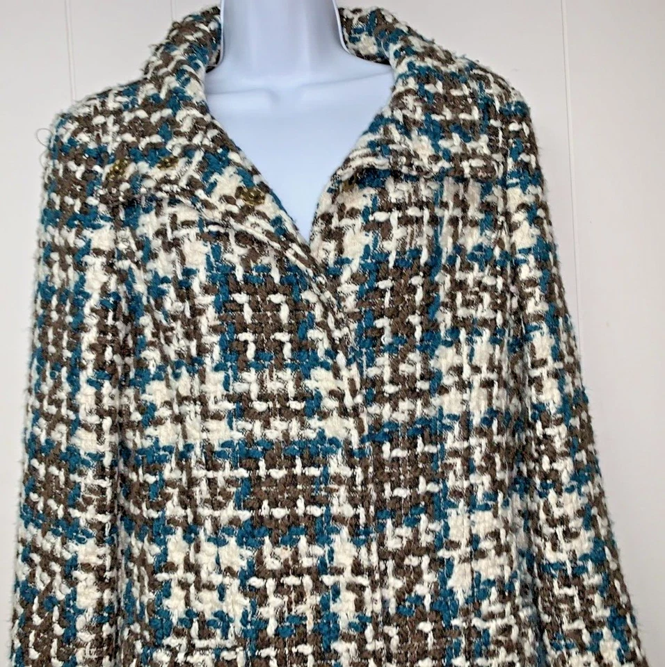 Abrigo para mujer Arden B mezcla de lana L marrón azul grueso a cuadros tweed forrado midi broches de presión Foto 3 de 4