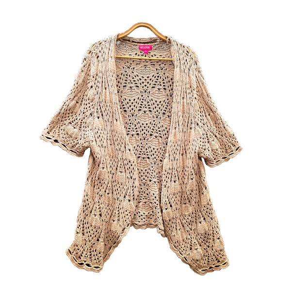 Emme Cardigan Womens Plus Size M Beige Crochet Knit Short Sleeve Open Front