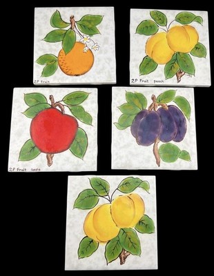 5 Vintage Dal-Tile Glazed Fruit Tiles Peaches Orange Apple & Plum 4.25  USA