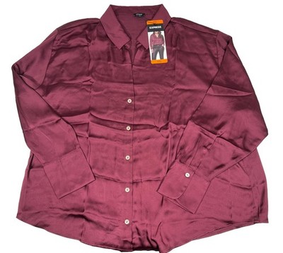 Express Long Sleeve Satin Button-up Shirt, Women XXL, Dark Red, Relaxed Fit, NEW