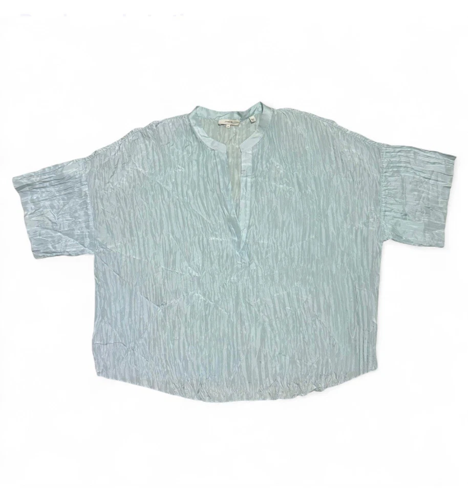 Blusa Top VINCE Para Mujer Pura Seda Aplastada Azul Cielo Mangas Cortas Talla 2X Foto 3 de 4