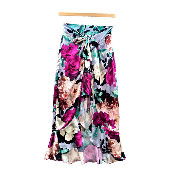 Sheike Vintage Skirt Womens High Low Wrap Size 6 Blue Magenta Floral Layered