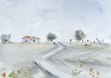 original watercolor painting ACEO Tuscan Hills trees rural barn street Sky #SIBY