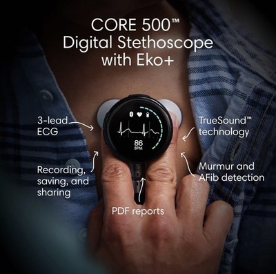 CORE 500 Digital Stethoscope 40x Amplification Noise Cancel 3-Lead ECG FDA Eko+