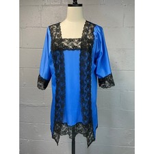 Vintage Sheer Blue Nylon Peignoir Set Black Lace Camisole Robe Babydoll B5