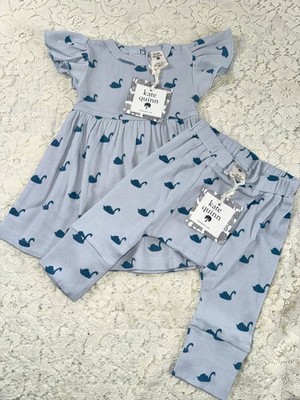 NIB 3-6 m Kate Quinn Girls Flutter Sleeve Tiny Swan Blue Dress w Panda pants