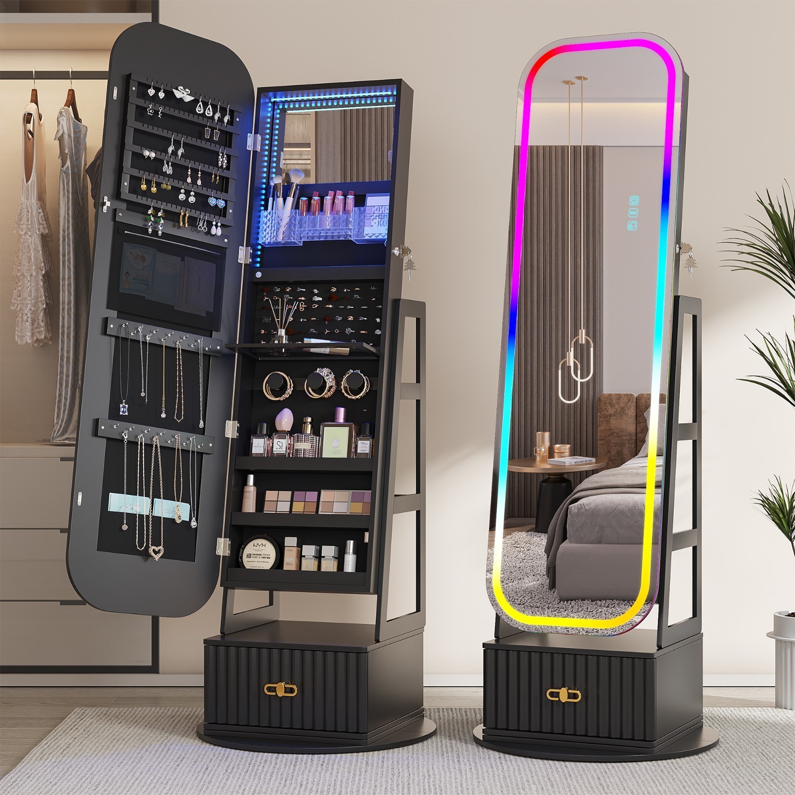 360° Swivel LED Jewelry Cabinet with Full-Length RGB Mirror