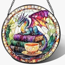 Dragon Stained Glass Window Hanging, 8 Inch 8 Inch, Fantasy Book With