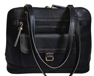 ST JOHNS BAY BLACK PU LEATHER MULTI ZIP POCKET SHOULDERBAG W/CC&PHONE HOLDER