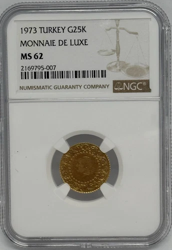 1973 Turkey Gold 25 Kurush NGC MS 62 Low Mintage