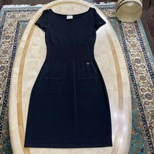 CHANEL Black Rib Waist Dress Button Pocket Knee Length Size 36 SR2057