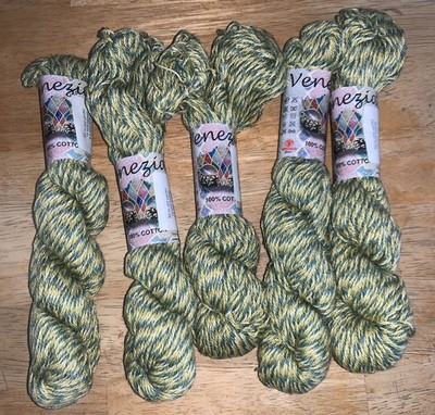 5 Hanks Circulo Venezia 100% Cotton Yarn~50g/93 Yd~Color 011~Lt Green/Blue Tweed