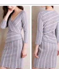 Maeve Wrapped Stripe Column Dress XS Anthropologie Gray Navy Knit Stretch