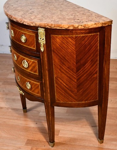 1890 Antique French Louis XV Walnut Satinwood inlay & Marble top Demi-lune - Picture 8 of 16