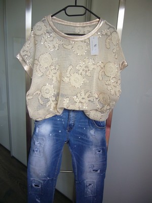 Shirt mit Pailletten, beige/Gold, Gr. XL