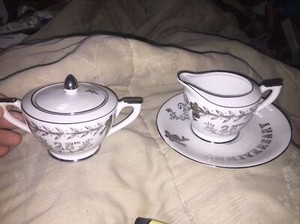 VINTAGE! Lefton China 25th Anniversary Silver Sugar and Creamer And Saucer Set