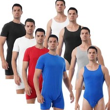 Mens Press Button Crotch Bodysuit Short Sleeve Leotard Short Romper Jumpsuit