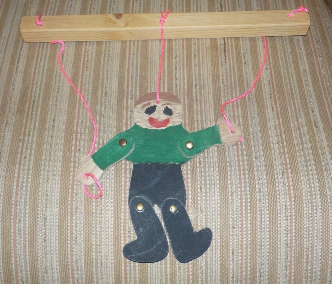 Vintage primitive wood boy puppet on strings, folk art, 7