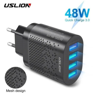 USLION 4-Port-USB-Ladegerät, 48W, Black, Quick Charge 3.0 für Apple, Samsung