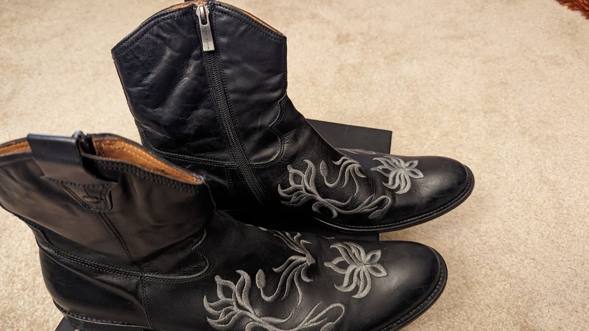 Rare Western Kenneth Cole Men Boots Embroidered SZ 8 Brown Zip Leather Italy Kenneth Cole New York Brown Leather Utility Boots Men main image 3