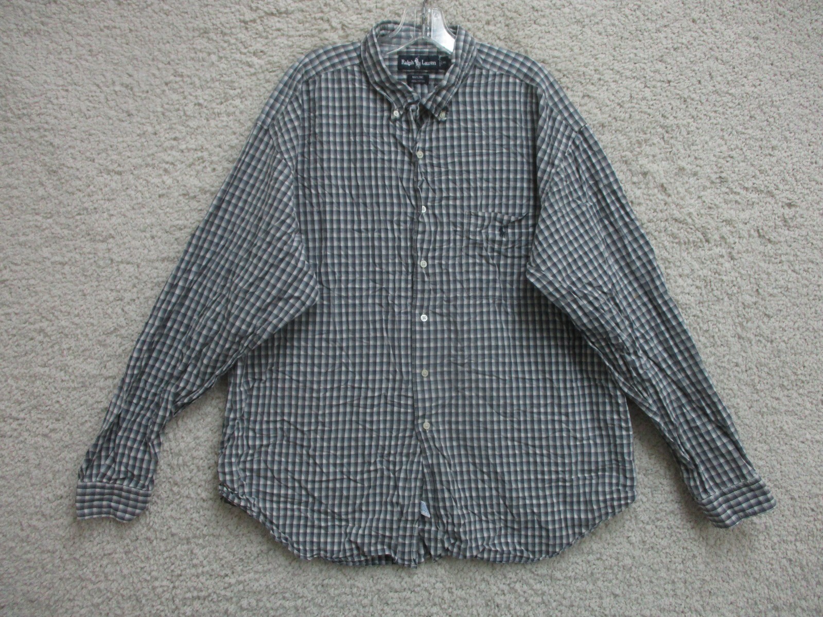 Ralph Lauren Button Up Shirt 2XL XXL Gray Plaid Marlowe Long Sleeve Pocket Mens