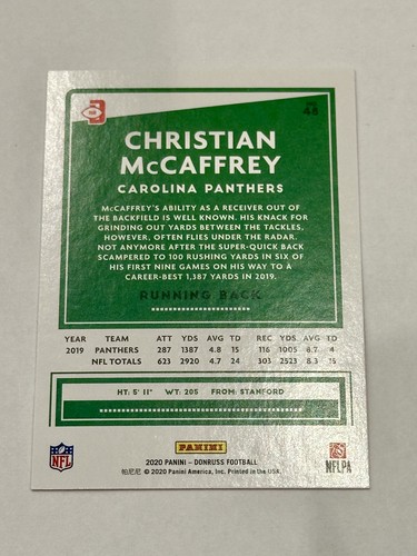 2020 Donruss Football Christian McCaffrey Red Press Proof Photo Variation #48 - Picture 2 of 2