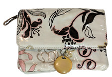 Cute Cosmetic Bag Vinyl Covered Satin Floral Zipper Snap Embellishment Travel