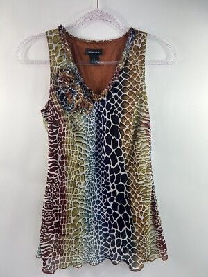 Spense Blouse Women's Sz S Multi Ruffled V-Neck Rosettes Lined Sleeveless