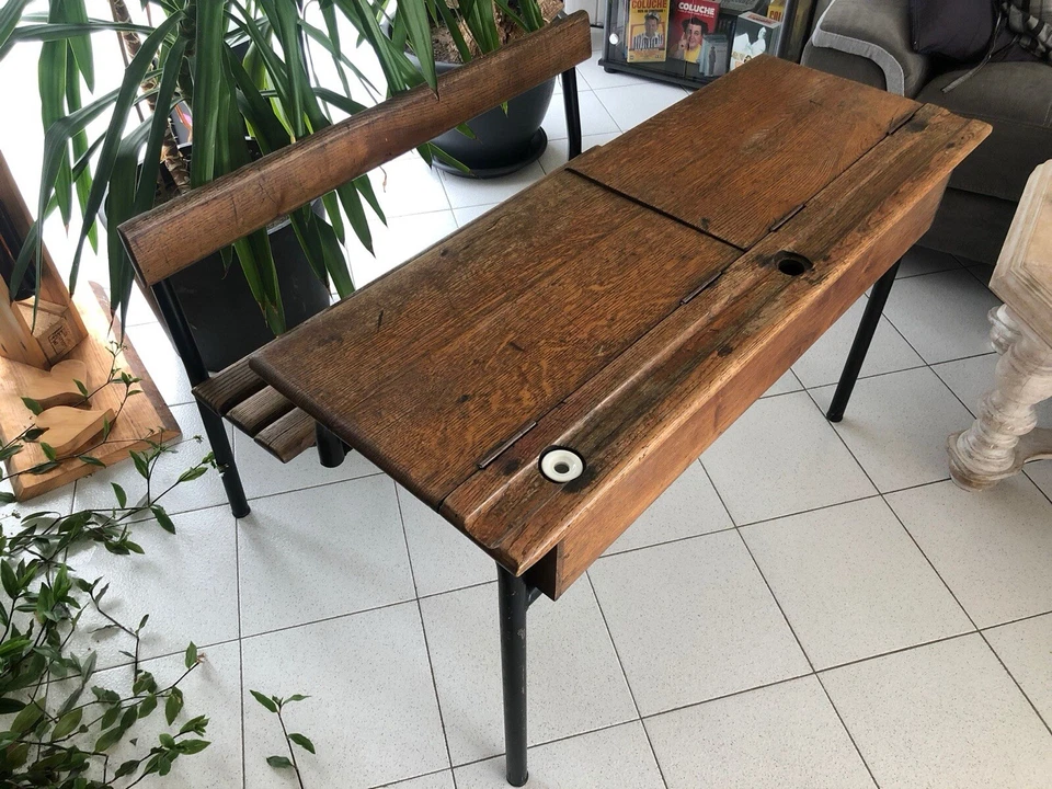 bureau d'écolier ancien vintage Double Pupitre - Photo 2/2