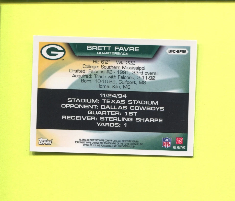 BRETT FAVRE GREEN BAY PACKERS 2007 TOPPS CHROME FLIGHT TO 420 FOOTBALL CARD #56 - Image 2 of 2