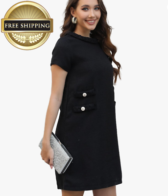 Womens Elegant Tweed Dress Short Sleeve Crew Neck A-line Bodycon Mini Skirt  XL | eBay