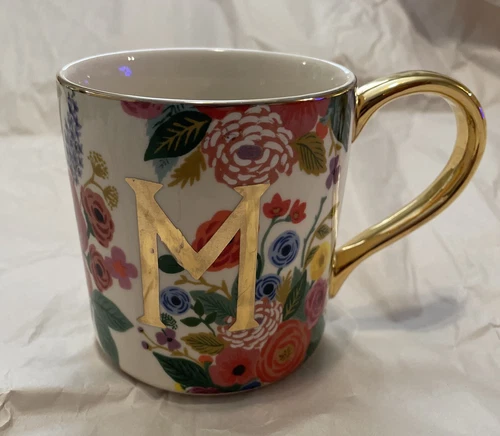 Rifle Paper Co. For Anthropologie Letter M Monogram Mug - Floral with Gold Trim