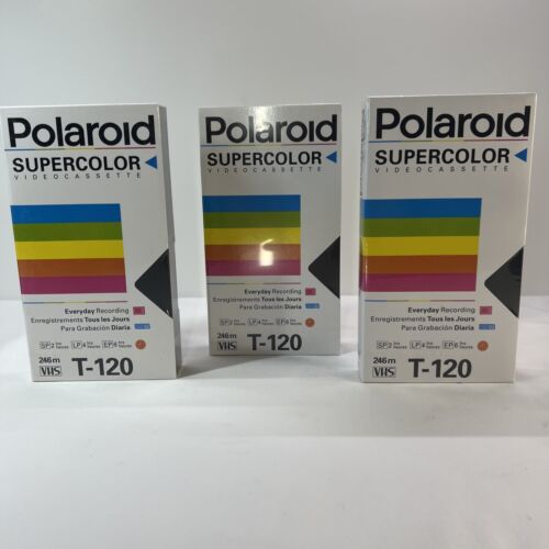 Cassette vidéo Polaroid VHS T-120 Supercolor - Pack de 3 - Tout neuf - Scellée - Photo 1 sur 9