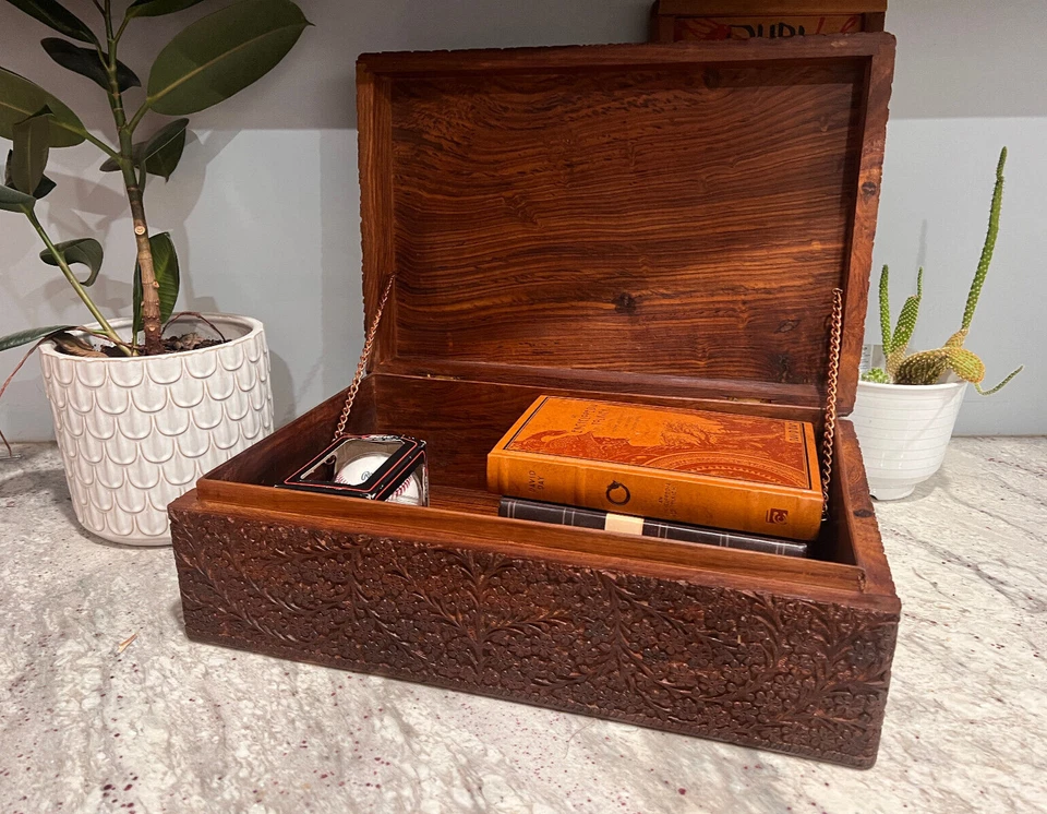 Ornate Rosewood Box 18 x 12 W x 6" Carved Mughal Chest Trunk Storage MSRP: $237 - Image 4 of 4