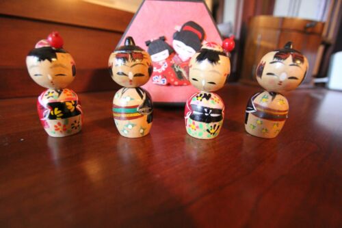 Japanense Kokeshi Dolls Set of 4 plus lovely Japanense Decorated box holder - Picture 1 of 5