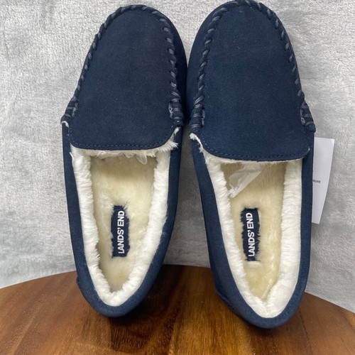 Lands' End Slippers Boys 3 Navy Suede Leather Faux Fur Lined Moccasin Youth Kids - Picture 9 of 12